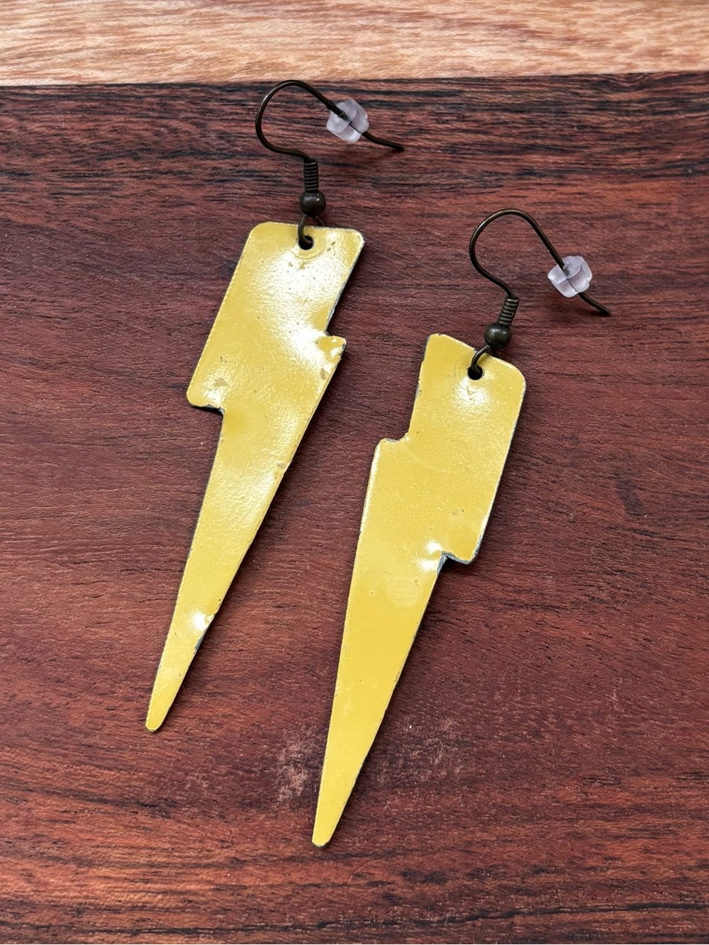 Handmade Yellow Lightning Bolt Drop Earrings - Made from Licence Plates